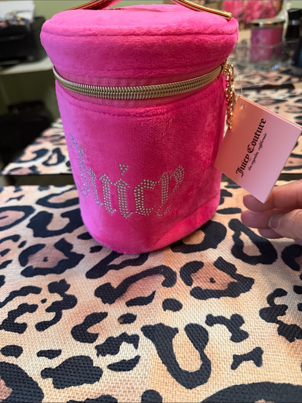 Juicy Couture Hot Pink Velvet Rhinestone Vanity Pouch with Gold Hardware